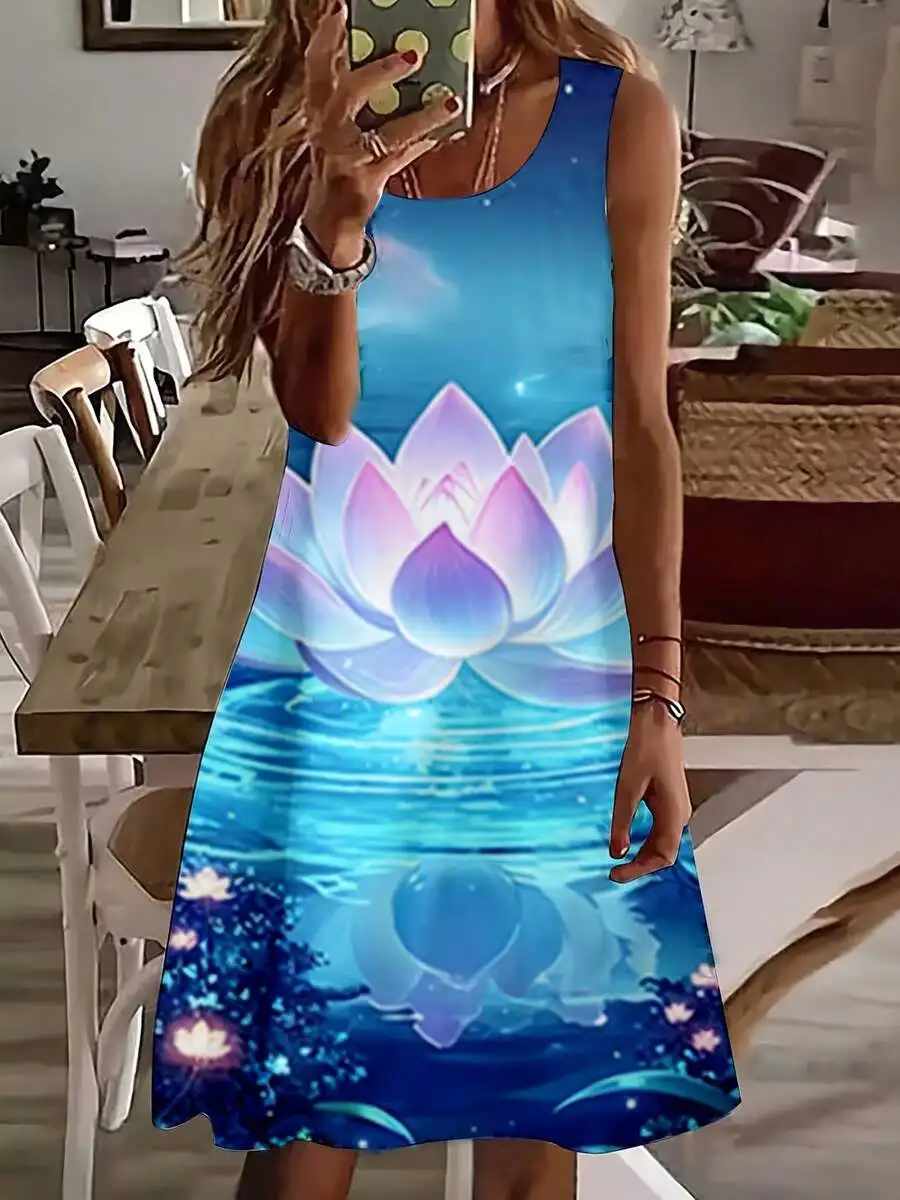 

Women Sleeveless Lotus Flower Print Summer Beach Vacation Dress