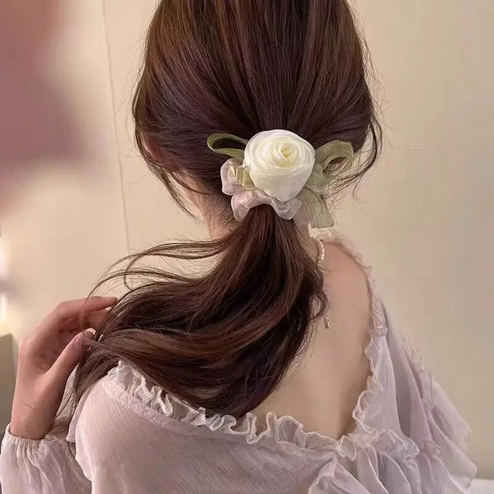 Sweet Rose Flower Hair Scrunchies Women Mesh Large Hair Rope Girl Hair Tie Simple Ins Headdress Female Ponytail Holder