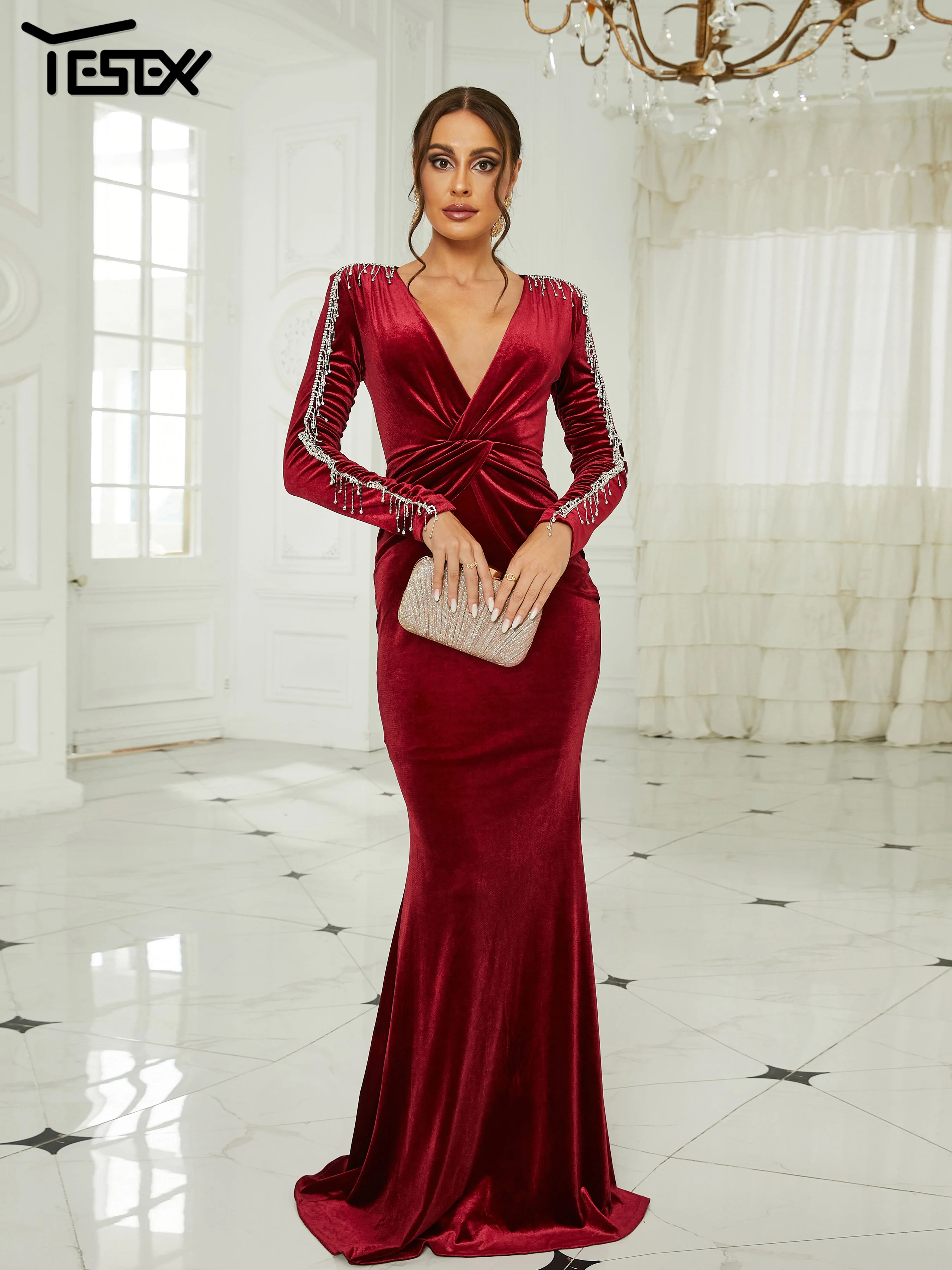 Yesexy Deep V Neck Ruched Velvet Mermaid Luxury Evening Dress Elegant Party Dresses For Women Vestidos