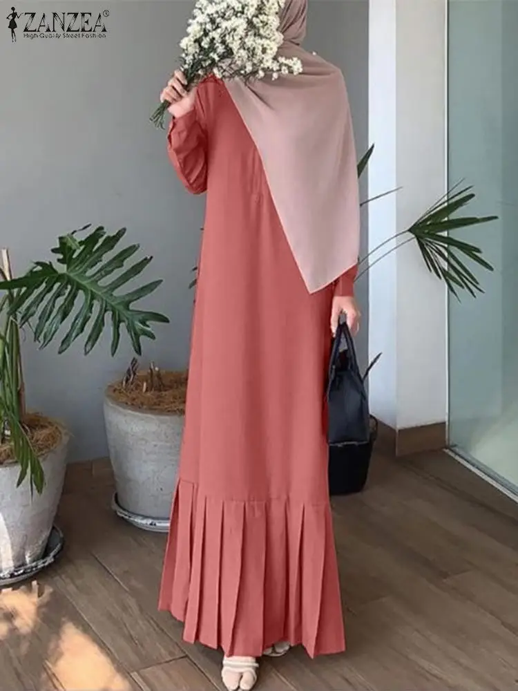 

ZANZEA Muslim Fashion Pleated Long Dresses Women 2024 Elegant Long Sleeve O Neck Islamic Hijab Vestidos Casual Solid Abaya Robes