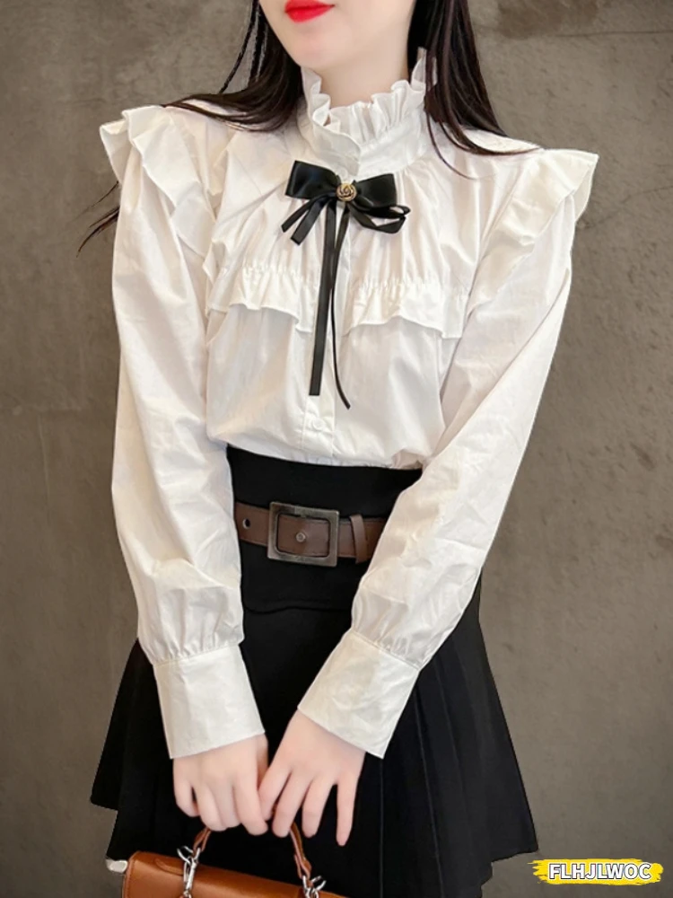 Stand Collar Ruffles Cute Bow Tie Tops Preppy Style Vintage Japanese Korea Design Button Elegant Formal White Shirts Blouses