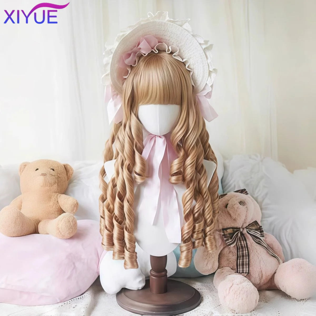 XIYUE Synthetic Black Wig with Long Ponytail Short Straight Wig Lolita Cosplay Party Harajuku Blonde Wig With Bangs for Women