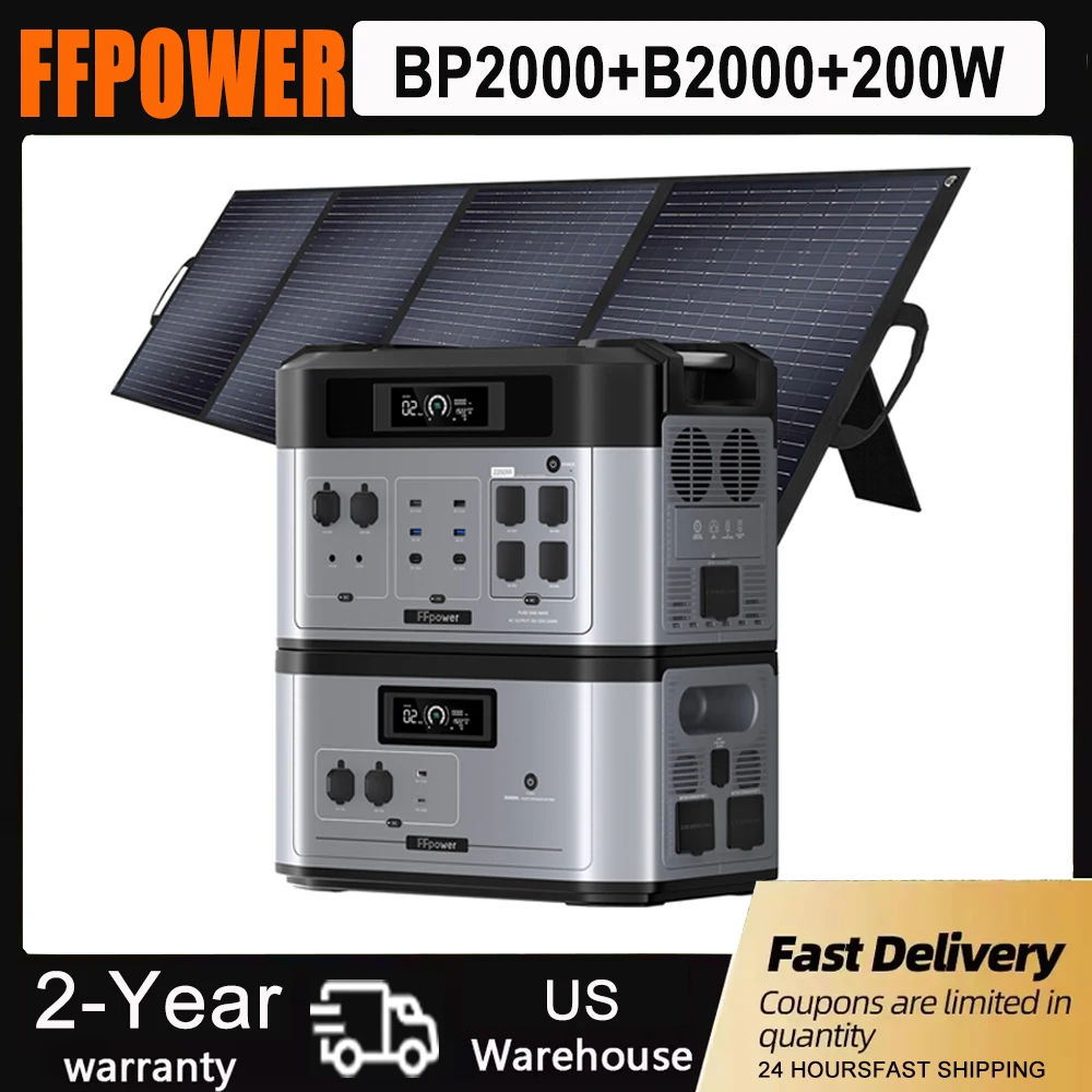 

FFPOWER BP2000+B2000 2200W Power Station 4096Wh Equipped With 200W Solar Panel For Home Appliances Expandable Capacity Emergency