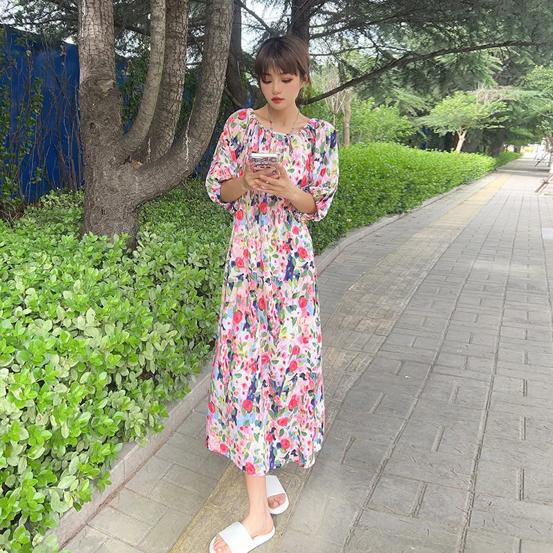 Women New Cotton Silk Dress Spring Summer Explosions Artificial Cotton Floral Dress Thin Large Size Nightgown T0072