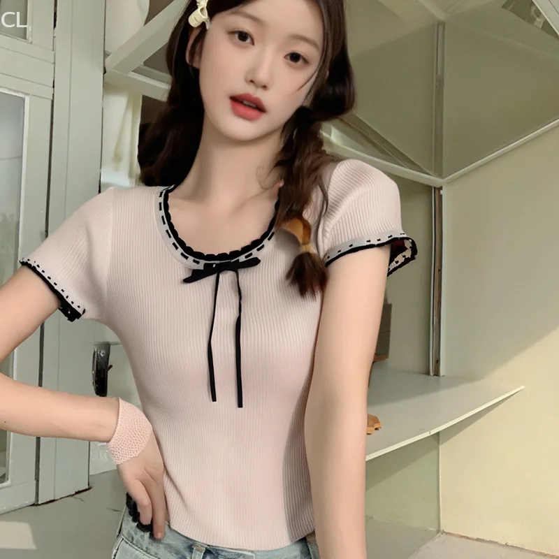 Ins Style Korean Style Solid Color Summer Fashion Sweet Bow Slim Stretch Knitted Short-Sleeved T-Shirt For Women