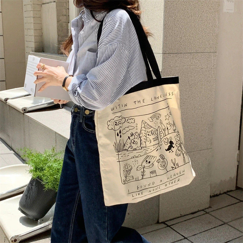 

Korean Large-capacity Handbag New Comic Style Canvas Bag Ins Female Students Commuting Shoulder College Bag