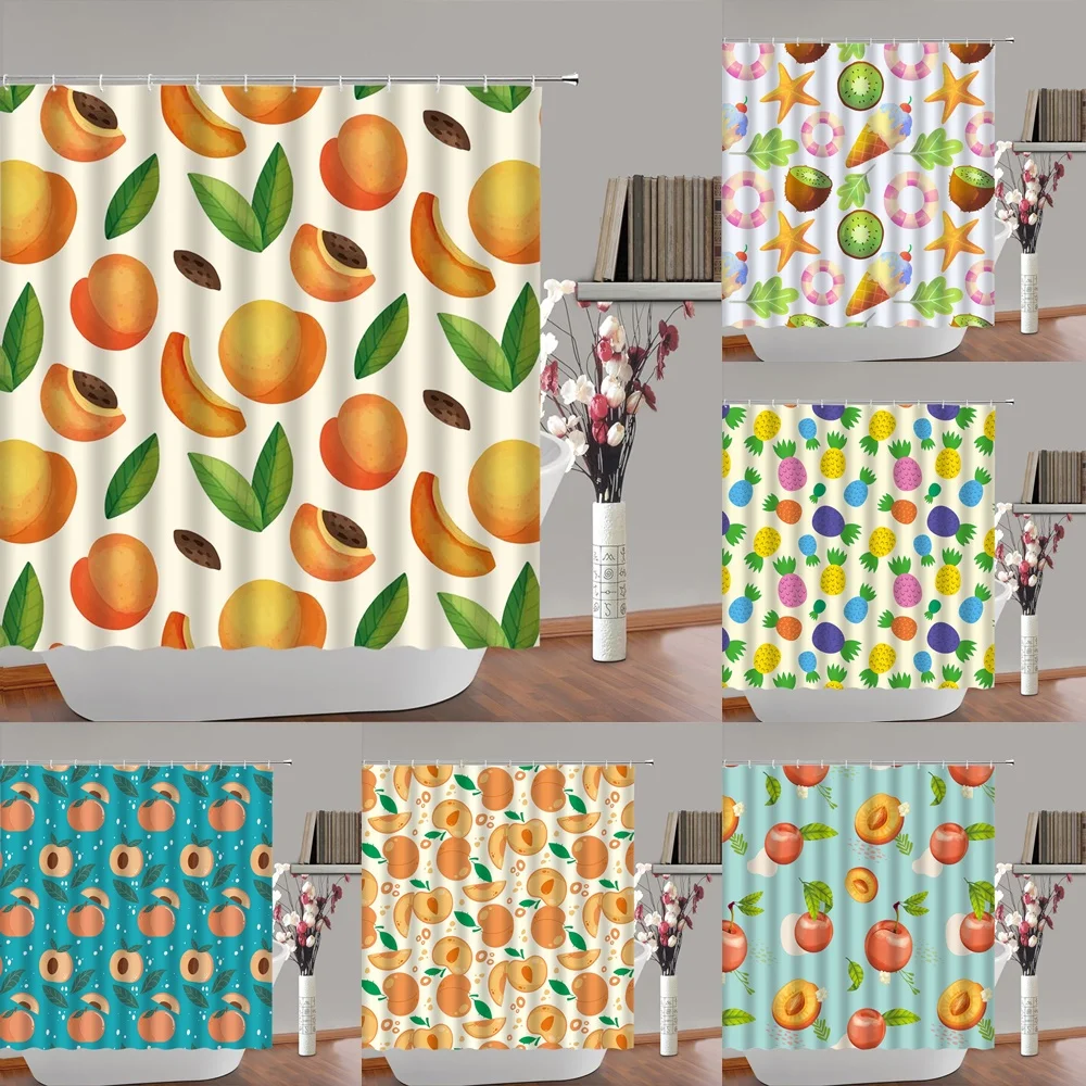 

Watercolor Peach Shower Curtain Green Leaf Pineapple Tropical Summer Fruit Bathroom Decor Curtains Waterproof Fabric Screen Sets