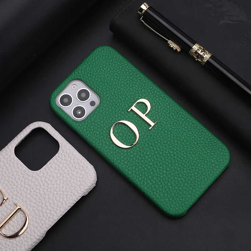 Leather Phone Case with Customized Name Big Gold Metal Letter Personalized Cover for iPhone15 14 13 12 11ProMax 16 15Plus