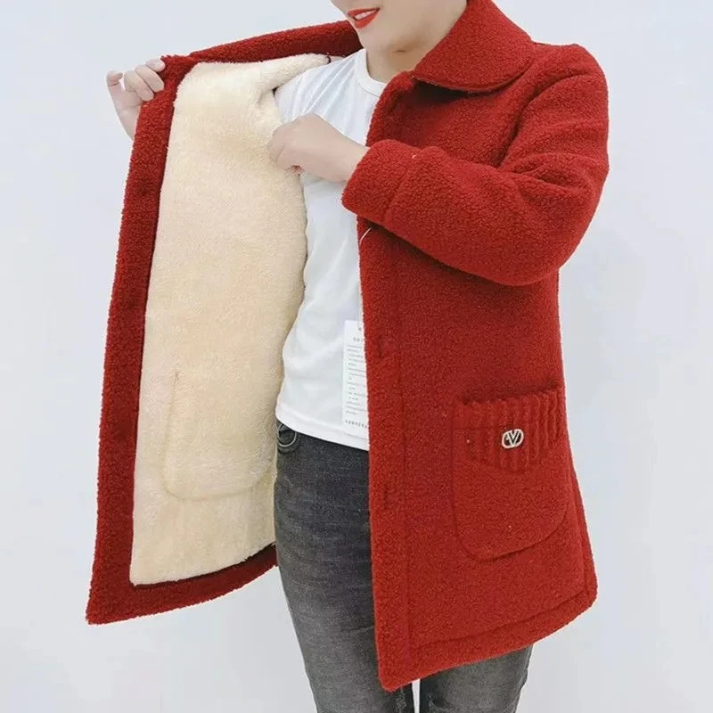 Parkas Woman Winter Jacket New Fleece Thick Single Breasted Mid-Long Cotton Padded Coat Imitation Fur Warm Coat Female Outerwear