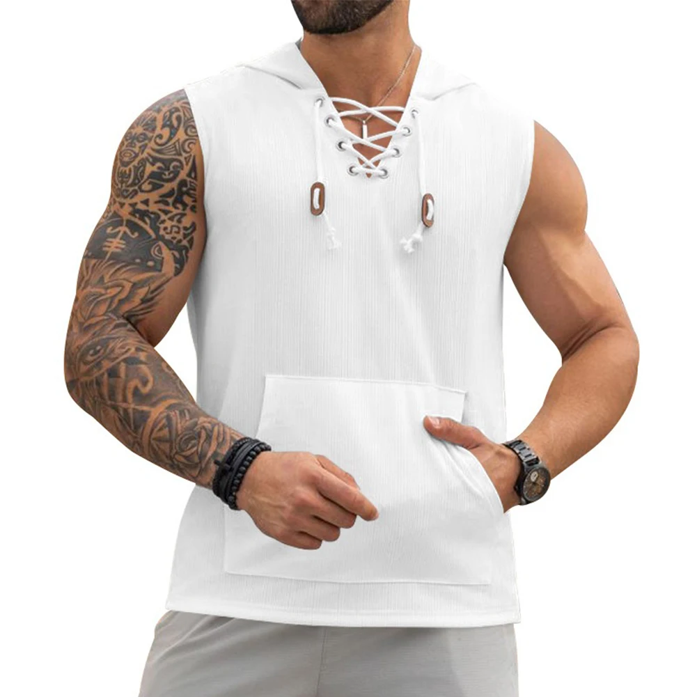 

Male Sleeveless T Shirt Summer Summer Top Vest Casual Hooded RegularHooded Slight Stretch Solid Color Brand New