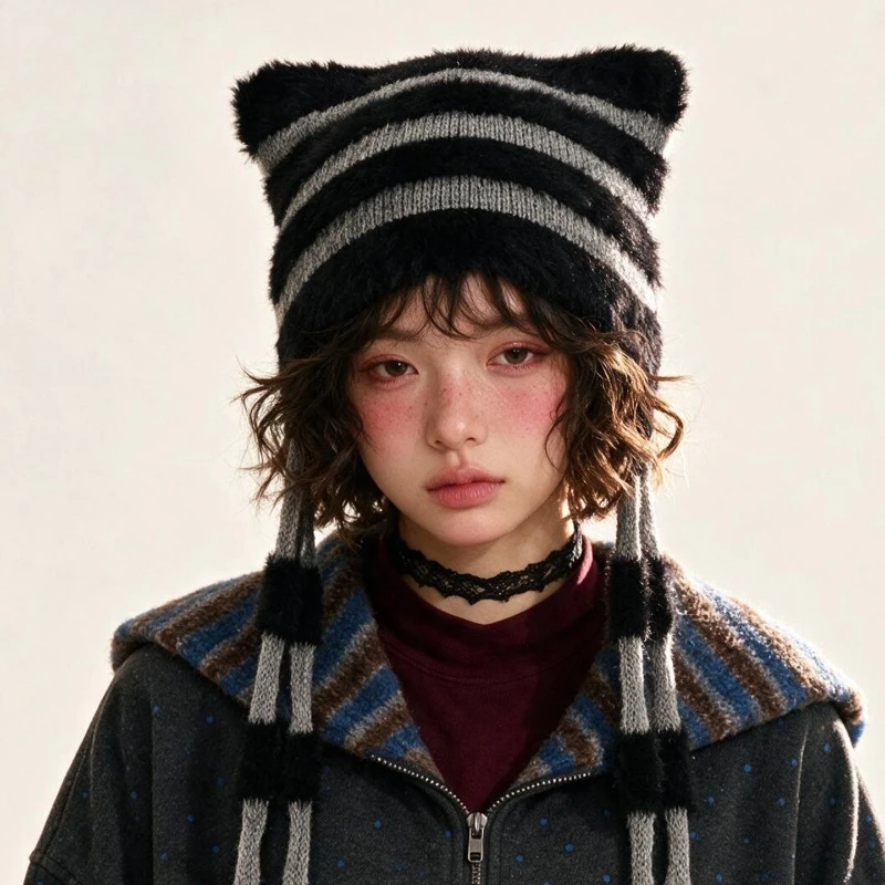 Korean Color Contrast Cat Ears Stripe Pullover Knitted Hat Autumn and Winter Y2k Warm Versatile Lace Plush Beanie Caps for Women