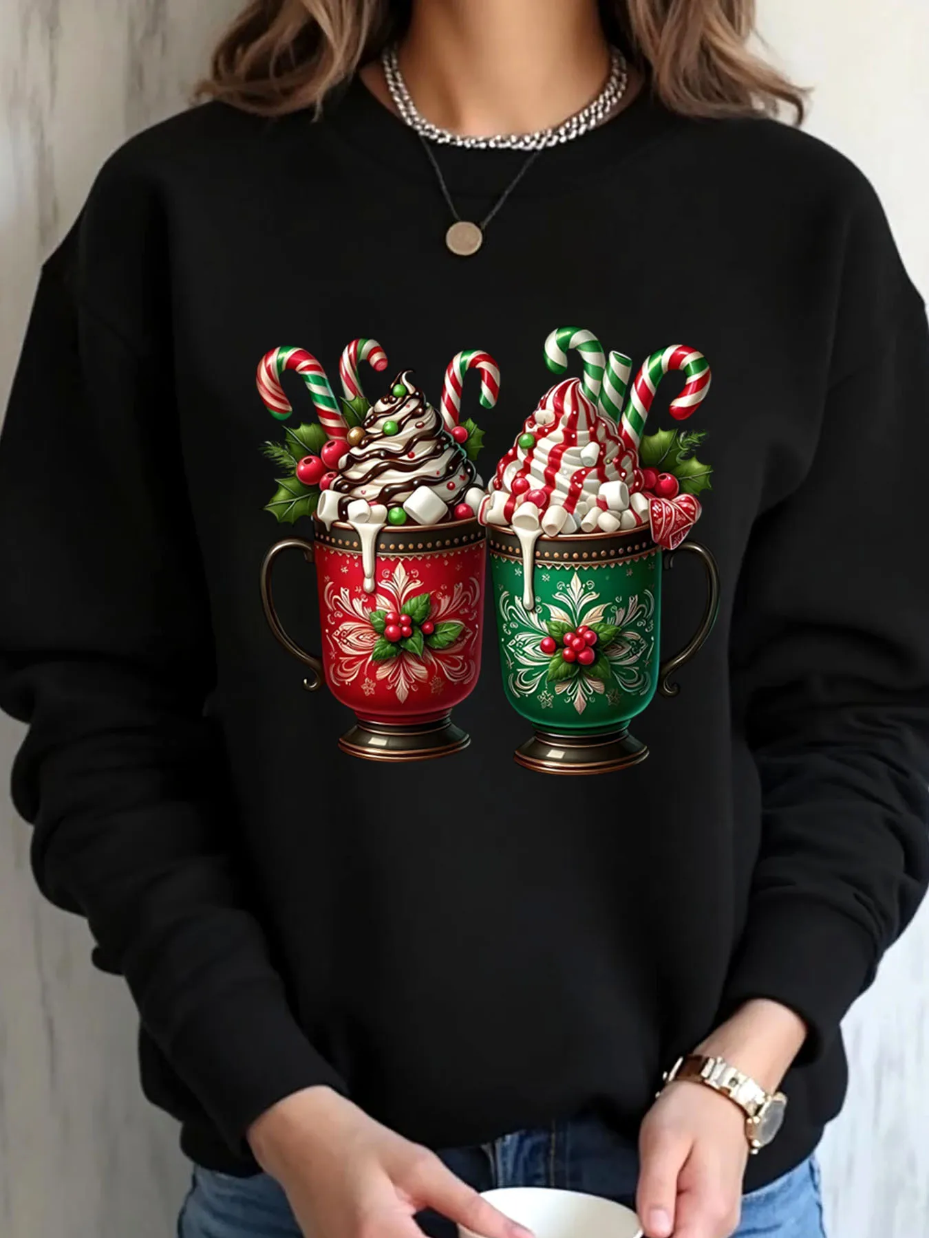 Женская толстовка большого размера с рождественским принтом чашки горячего шоколада, верхняя одежда