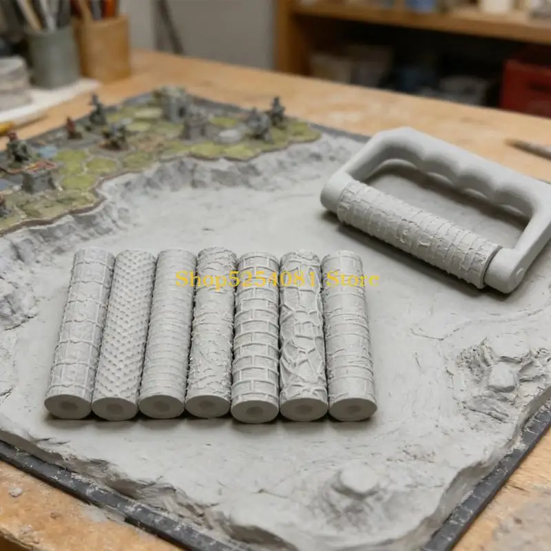 AXYC Pottery and Terrain Texture Roller Kit with 12 Rollers with Handle for Clay Press, Mini Scene Work, Model Layouts, and
