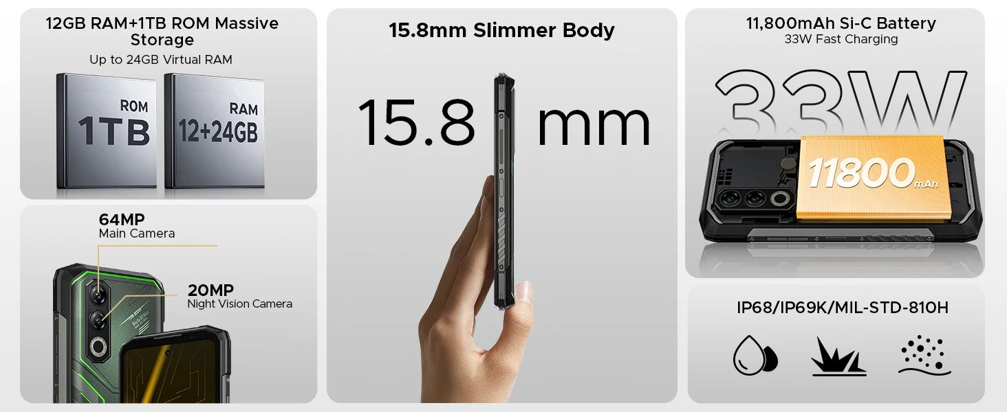 DOOGEE Blade20 Max Robustes Smartphone 36GB(12GB+24GB) RAM 1TB ROM 6,6'' Display 11800mAh Akku 64MP KI-Kamera Android 15 Smartphone – Detail 2