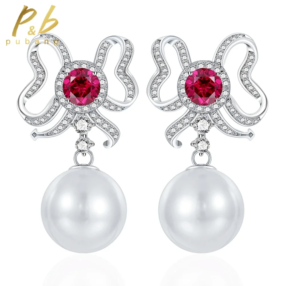 

PuBang Fine Jewelry Solid 925 Sterling Silver Freshwater Pearl Ruby Sapphire Engagement Drop Earrings for Women Anniversary Gift