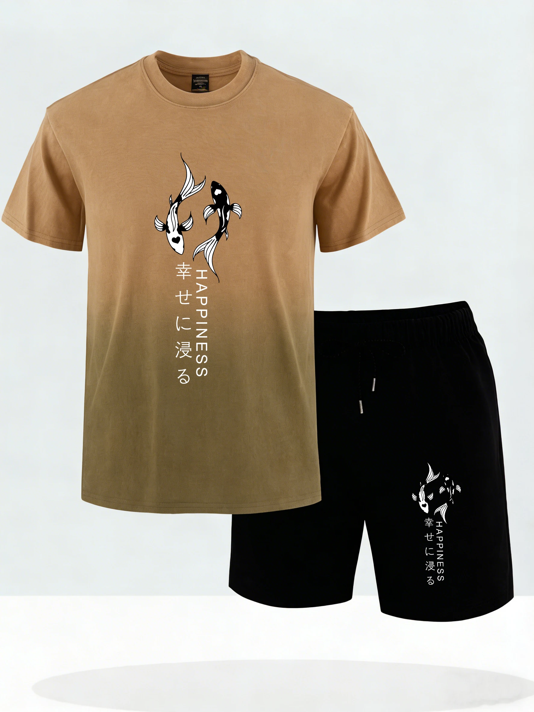 

Japanese Letter Becoming Happiness Print Fashion Comfy T-Shirt Set Man Loose Cotton Tee Trendy Short Sleeve All-Match New Shorts