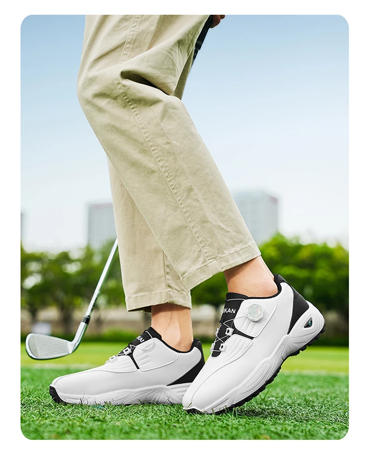 Herren Golfschuhe mit Drehverschluss und Spikes, Wasserdichtes Leder, Rutschfeste Outdoor-Sportschuhe in Weiß, Schwarz und Rot – Detail 10