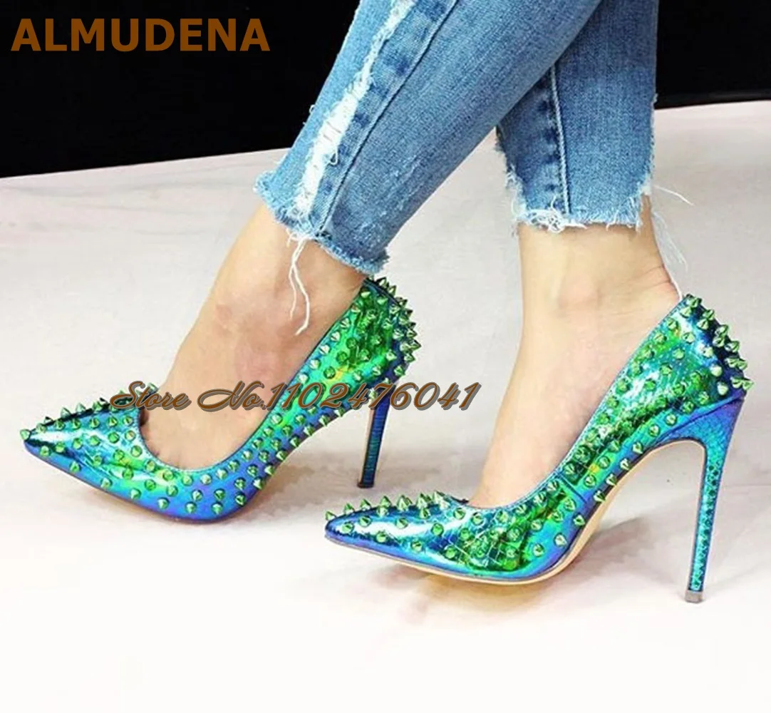 

ALMUDENA Green Hologram Snake Full Rivets Dress Pumps 12Cm 10Cm 8Cm Stiletto Heels Pointed Toe Banquet Shoes Spikes Footwear