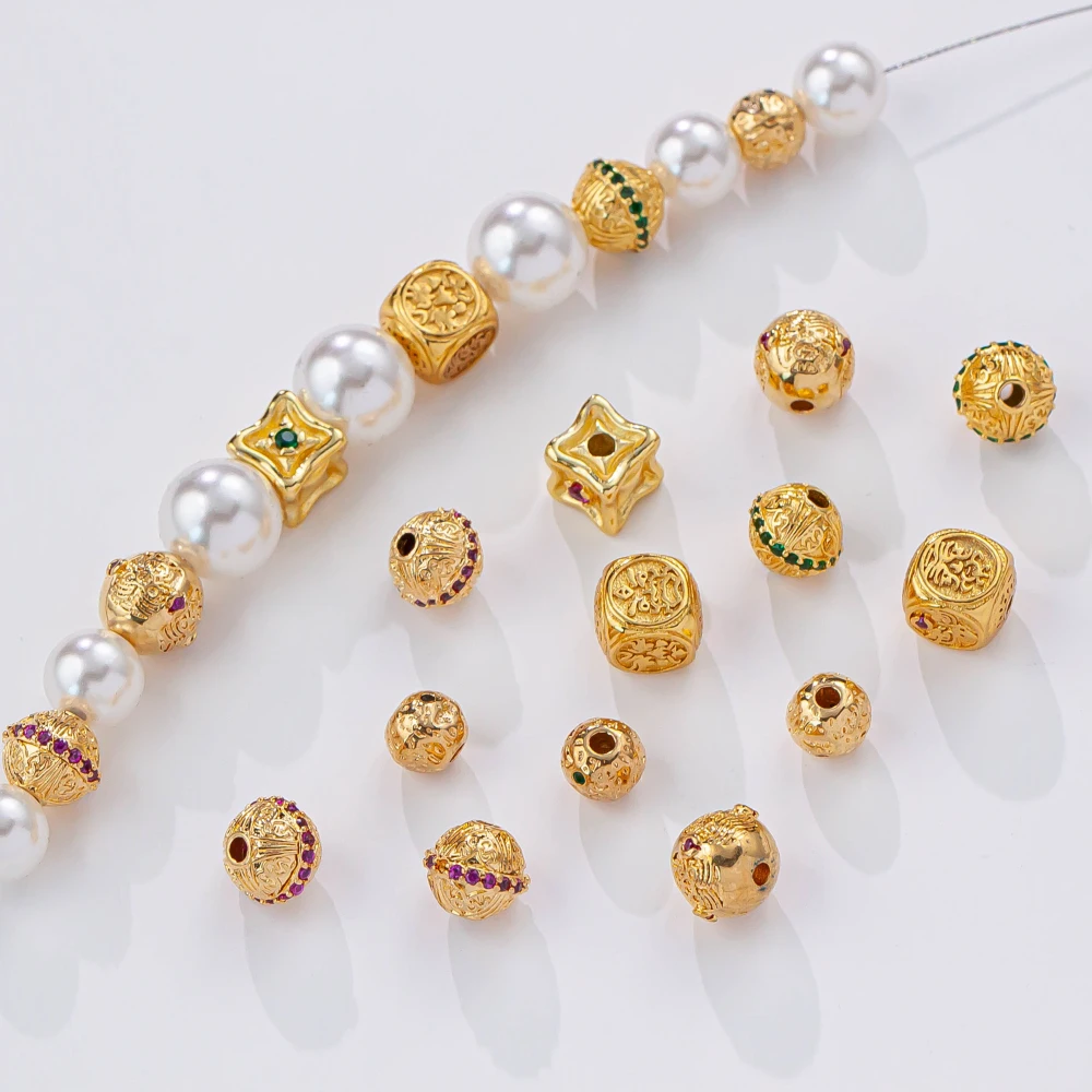 Copper-plated real gold color-retaining hollow zircon ball handmade DIY bead barrier necklace jewelry accessories  2pcs