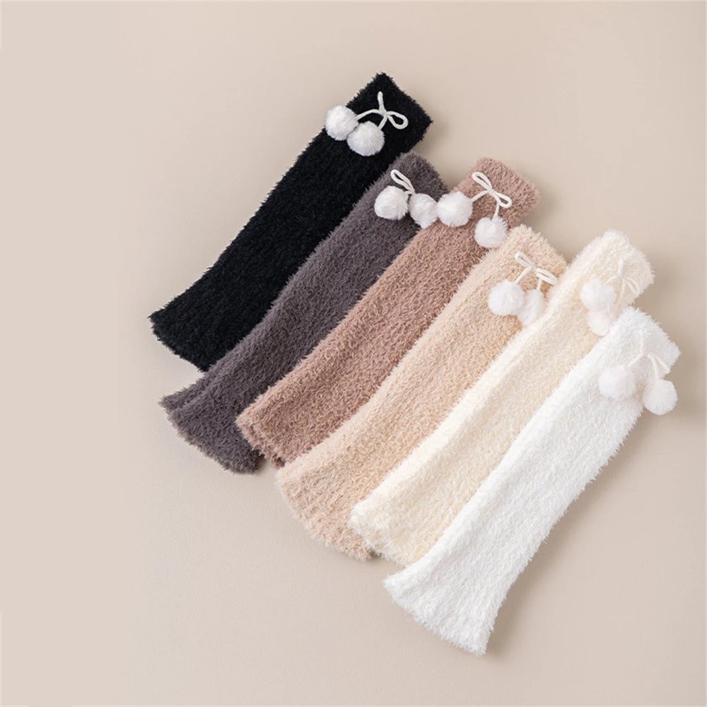 Women Autumn Winter Warm Coral Fleece Pile Leggings Bow Socks Covers Plus Velvet Thickened Sleeping Long-tube Calf Leg Warmers