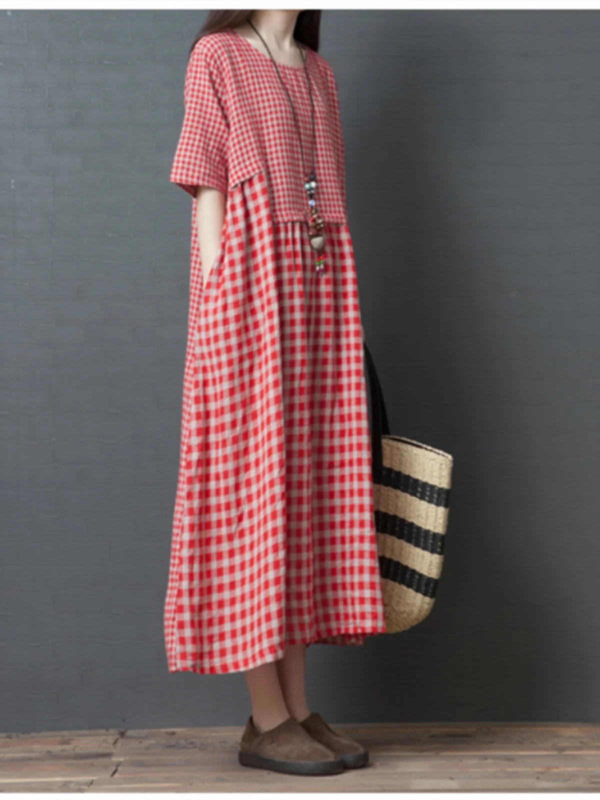 Lâche coréenne Sle femmes Dr été nouveau Faion Patchwork coton lin Plaid ort Sve Long Dr décontracté trajet