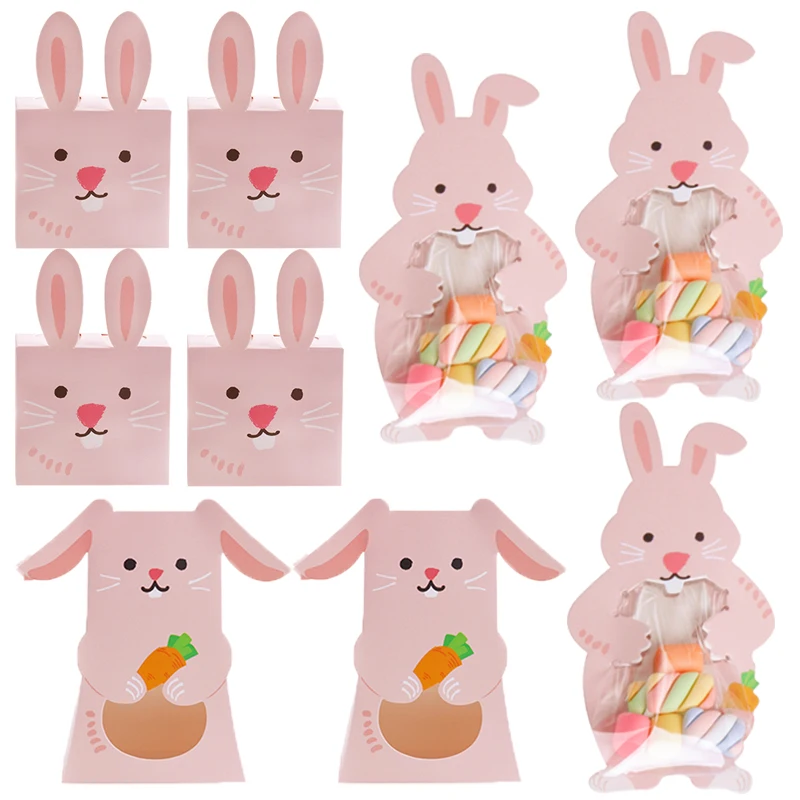 6pcs Easter Bunny Candy Bag Cute Pink Rabbit Chocolate Biscuit Gifts Packaging Boxes For Kids Happy Easter Birthday Party Decor