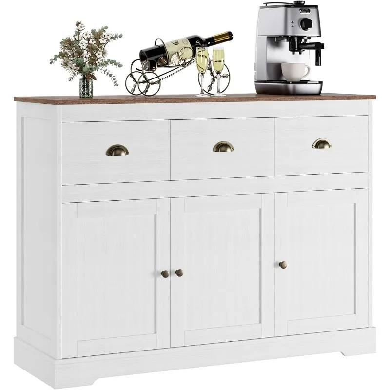 

Buffet Cabinet Storage Kitchen Cabinet Sideboardwith 3 Drawers & 3 Doors Adjustable Shelves Console Table, Antique White