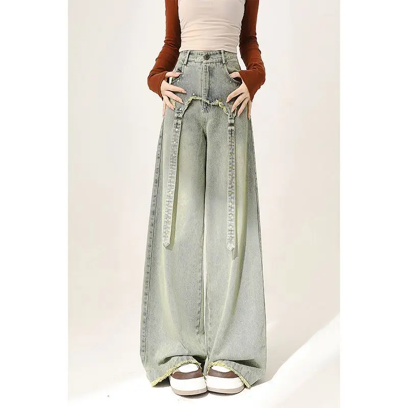 

Chinese Style Design Jeans for Women Chubby Mm Wide Leg Versatile Straight Leg Pants Trendy Retro Maillard Plus Washed Vintage