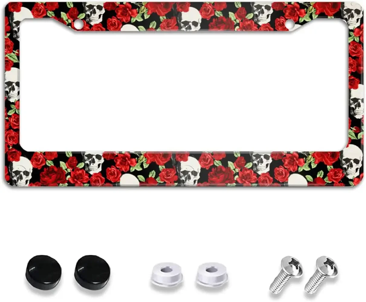 Sugar Skull with Roses Flowers License Plate Frame Car Tag Holder 2 Holes License Plate Covers with Screw Caps for Men Women