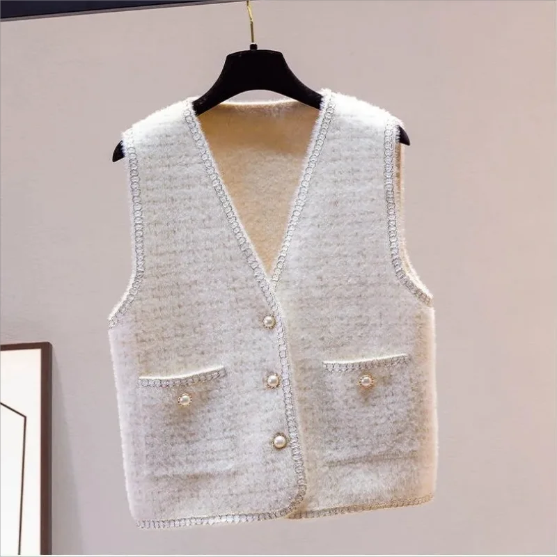 

Imitation Mink Velvet Knitting Women Vest Korean Fashion Female Casual Sleeveless Jacket New Outerwear Waistcoat Elegance Simple