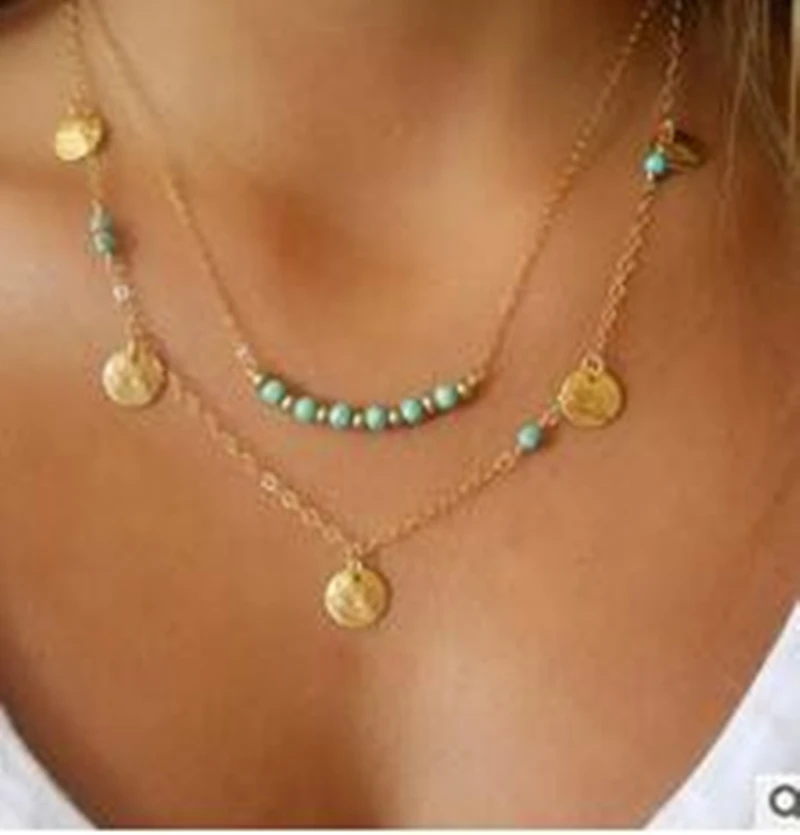 Simple Gold And Silver Plated Double Chain Crystal Beads Sequins Necklace For Women Best Gift (Multicolor Types available)
