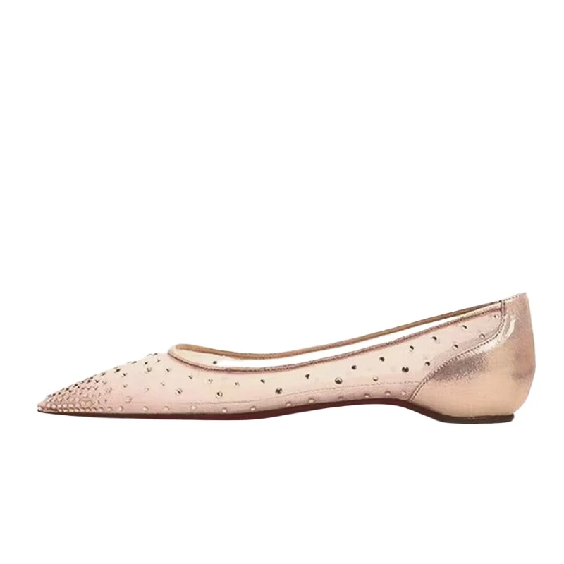 

Women Red Bottom Flats with Rhinestones Celebrity Fashion Sandals Breathable Mesh Flat Shoes Spring Summer Matte Finish Loafer