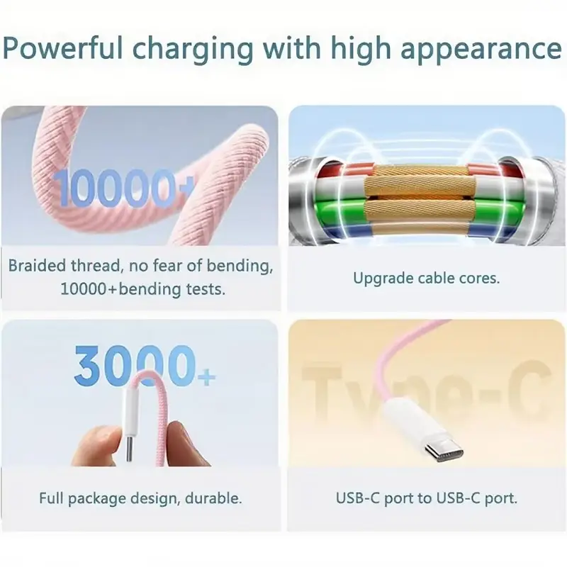 كابل شحن سريع من النايلون المضفر USB-C إلى USB C بقوة 60 واط لهواتف iPhone 17 و16 و15 /Pro Max ومتوافق مع أجهزة Samsung Type C - 4