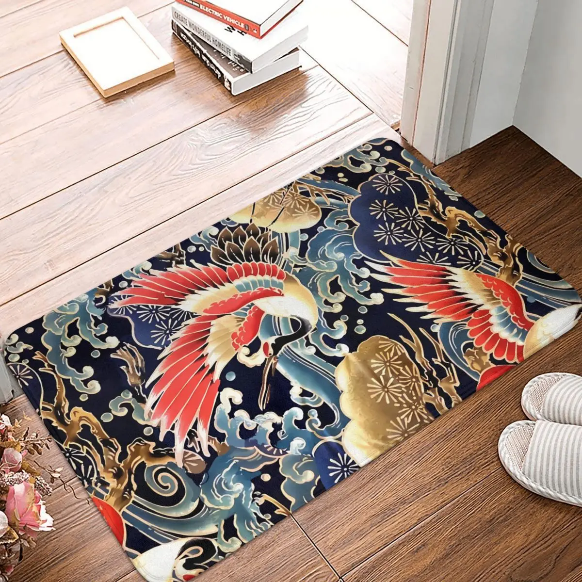 FLYING CRANES FLOWERS SEA WAVES RED NAVY BLUE FLORAL Meme Y2K Non-Slip Carpet Doormat Living Room Bathroom Mat Decor Rug