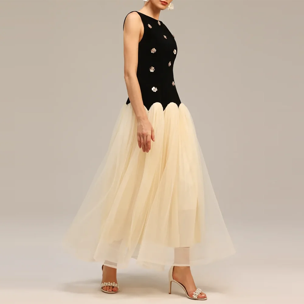 TWOTWINSTYLE, vestidos adelgazantes de colores llamativos para mujer, cuello redondo, sin mangas, cintura alta, vestido largo de malla empalmado para mujer