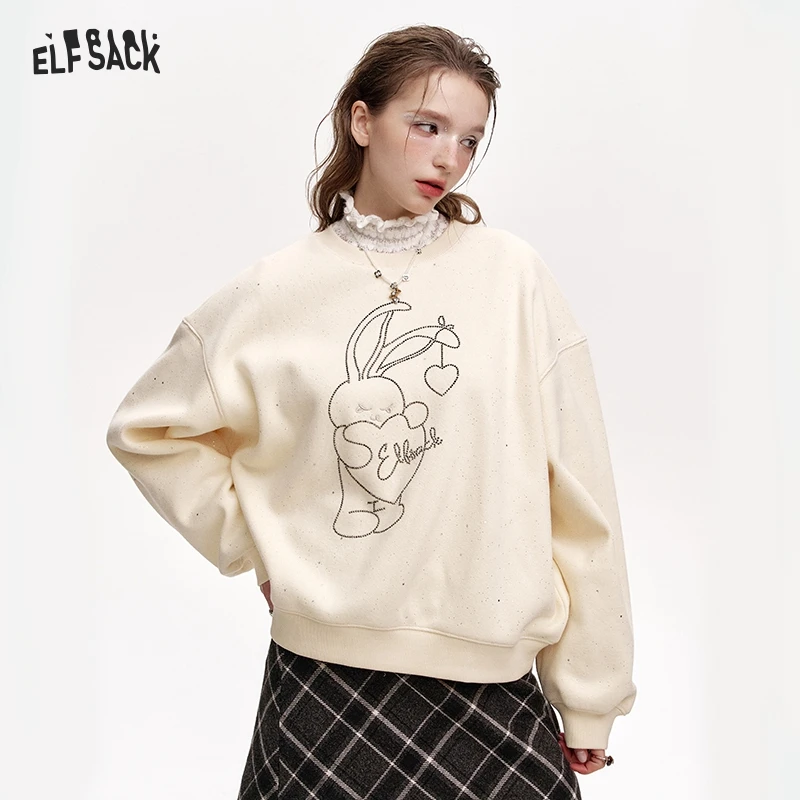 ELFSACK 2024 Winter New Arrivals Round neck loose new year red plus velvet sweatshirt for women