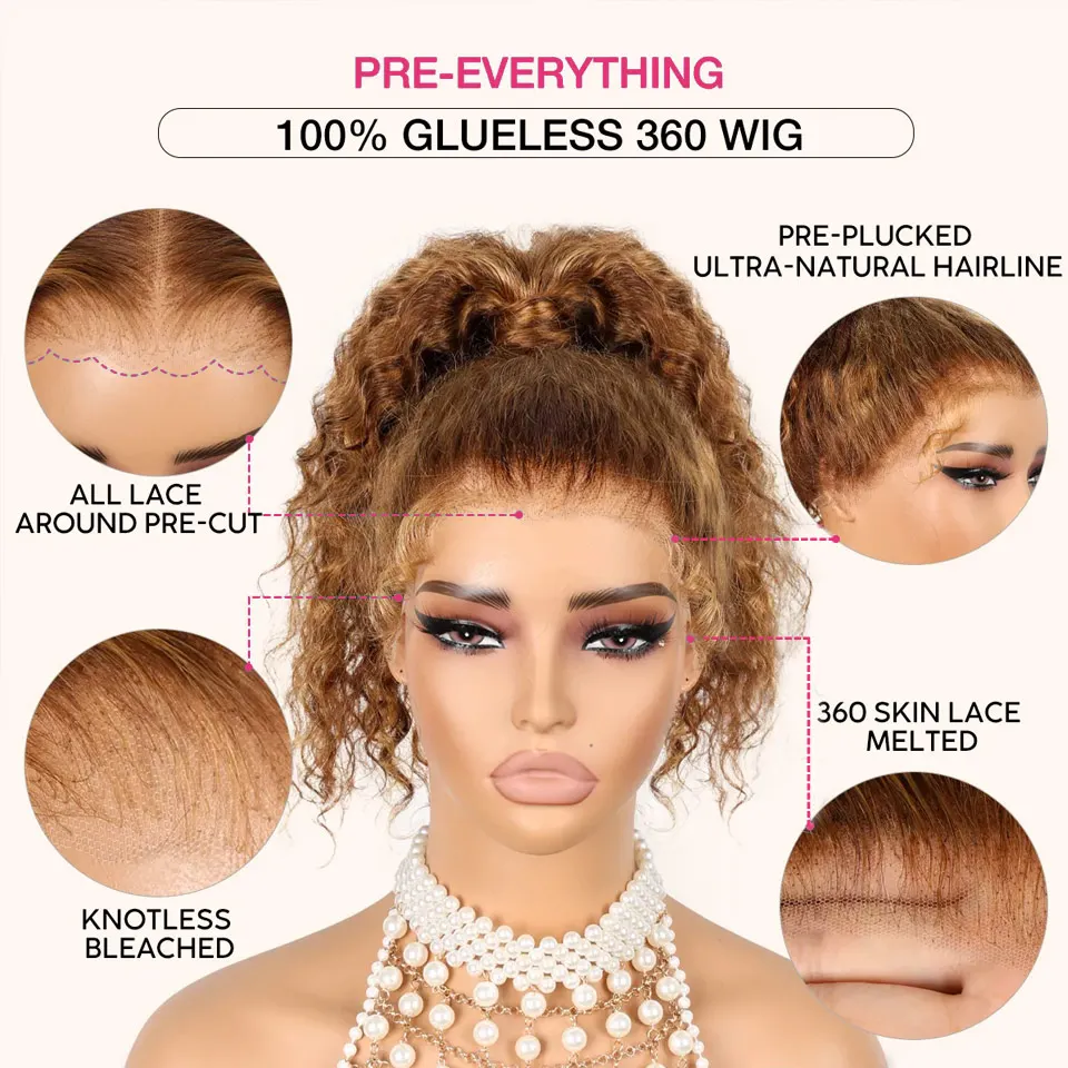 Water Wave 4/27 Highlight Invisi Strap 360 Full Lace Glueless Wig HD Skin Lace Frontal Wig Glueless Human Hair Deep Curly Wigs