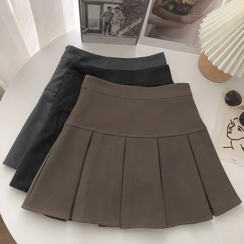 Vintage coklat rok lipit Wanita Musim Semi Musim Panas 2024 gaya Korea Y2K pinggang tinggi A-line rok Mini Preppy gaya gadis kasual