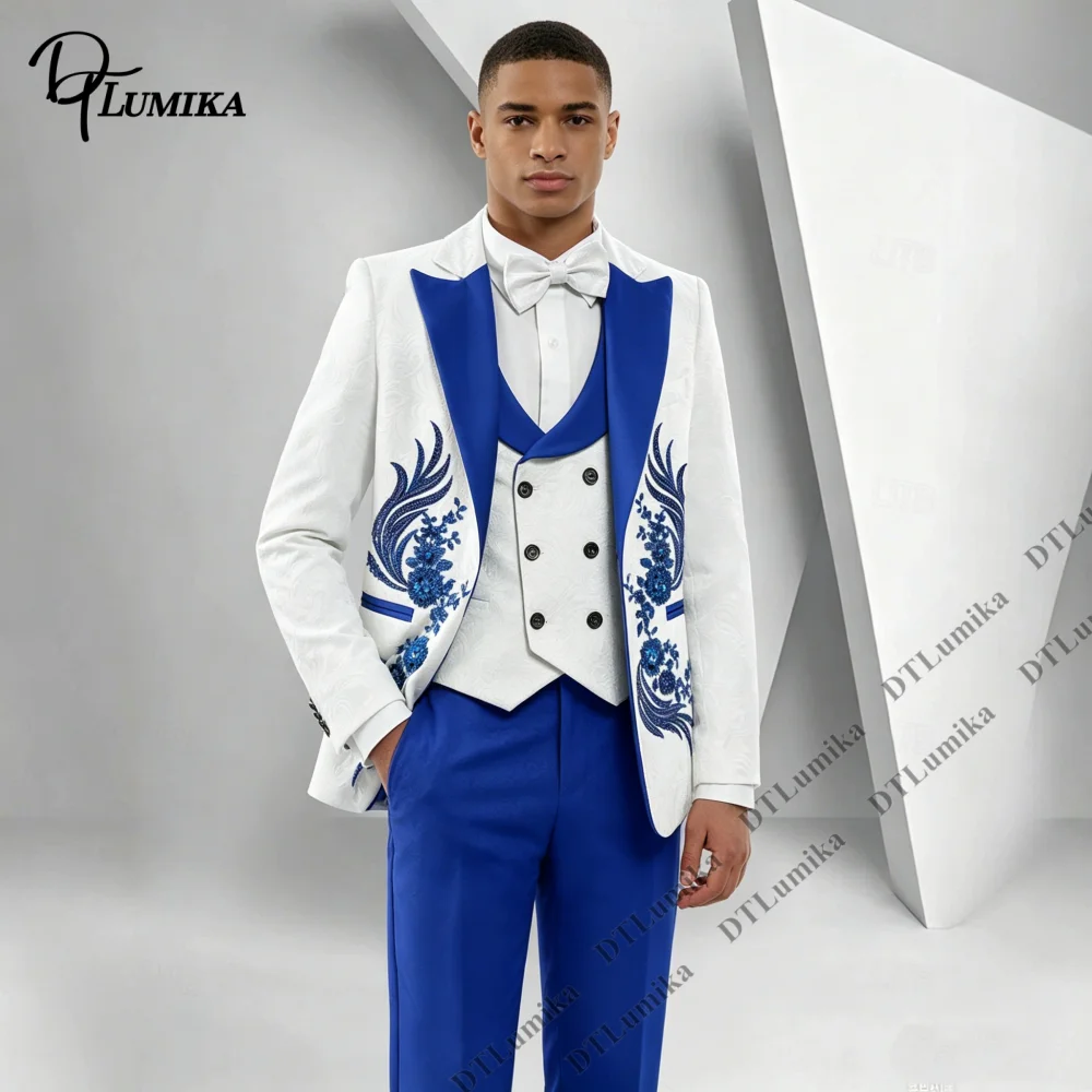 Customized Men Three Piece Tuxedo with Floral Rhinestone Appliques (Blazer Vest Pants) Wedding Groom Suit Vibrant Luxury Suits