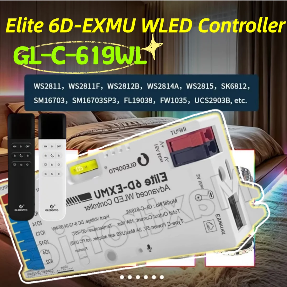 Elite 6D-EXMU WLED Controller GL‑C‑619WL 6-Channel ESP32 Ethernet Music Sync Built-in Relay PDM Mic for WS2811 WS2812 LED Strips