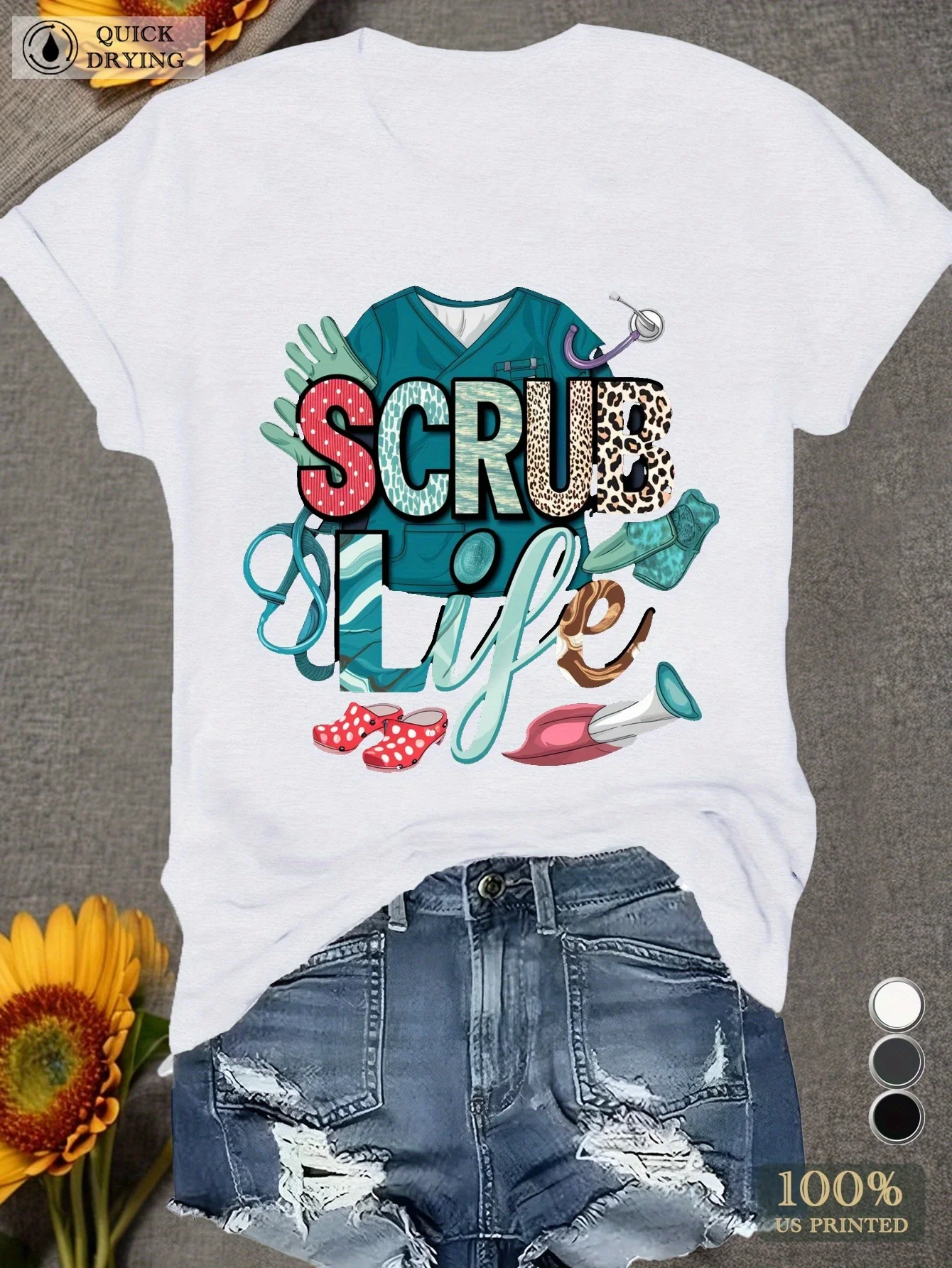 

Women's Scrub Life Graphic T-Shirt Soft Short Sleeve Casual Medical Design with Stethoscope Nurse Cap Print