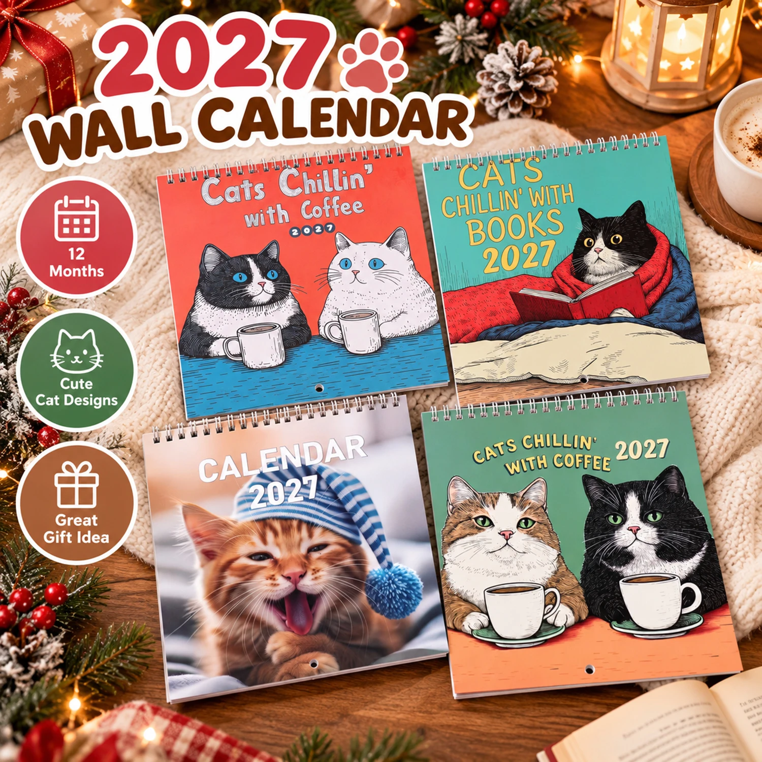 2027 Decorative Cat Wall Art Calendar 4 Styles, Cute Cover, Spiral Monthly Planner for Home Office Hanging Decor Cat Lover Gift