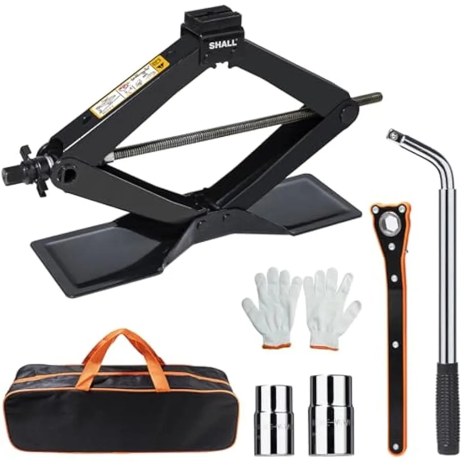 SHALL Scissor Jack Kit - 2 Ton 4409lbs - Extended and Widened Base 360° Rotatable Rubber Pad - Tire Change Kit with Ratchet and