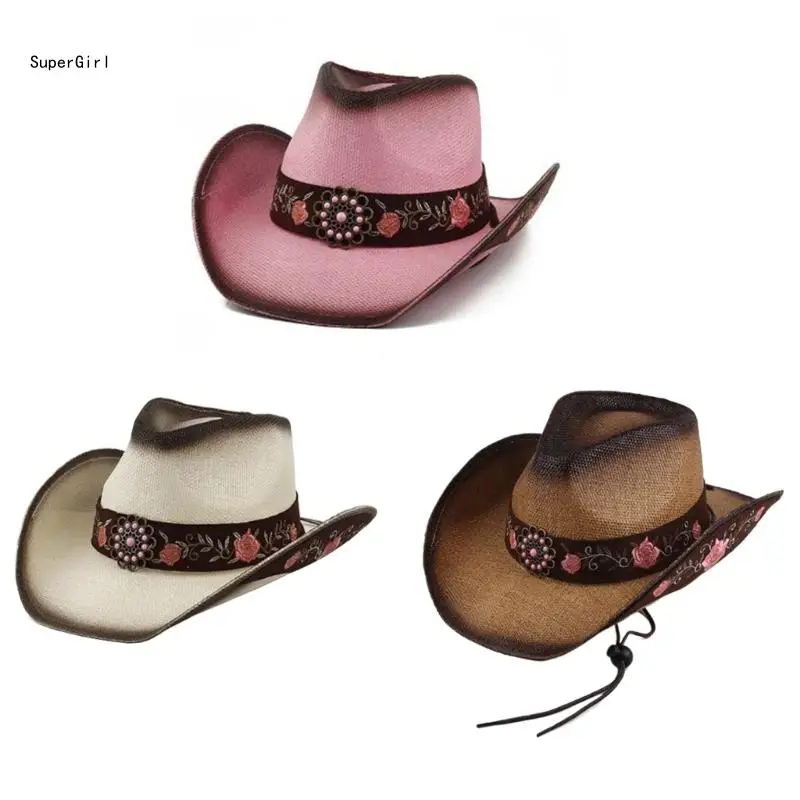 

Sunproof Cowboy Hat Large Brims Embroidered Caps Lady Music Festival Headwear J78E