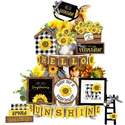 24Pcs sunflower Tiered Tray Decor Set Fresh sunflower Wooden Sign Yellow sunflower Wood Blocks Standing Sign Summer Tray Decor