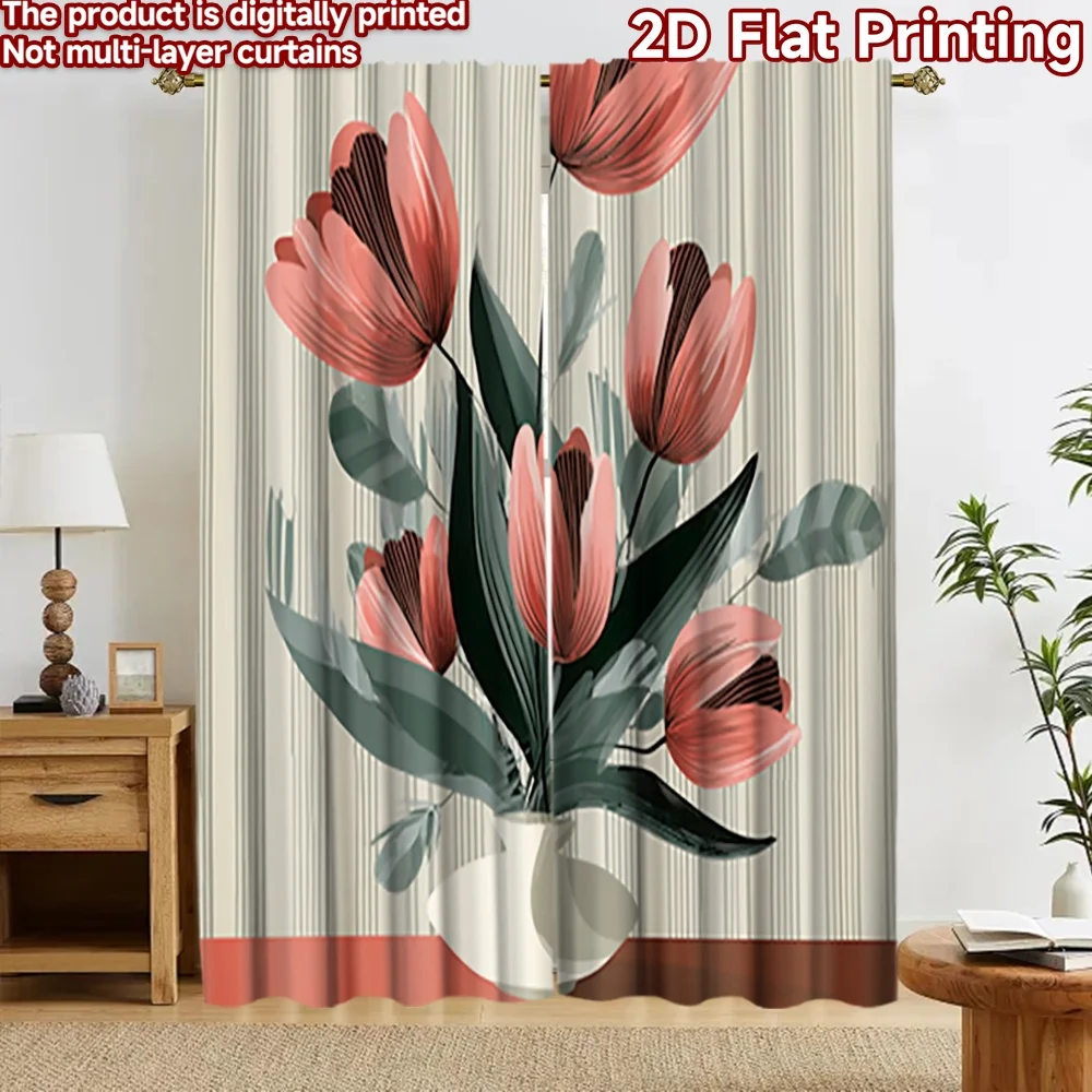 2D flat 2pcs Curtain French Romantic Style Curtains Coral Tulips Vase Digitally printed polyester Birthday Party for Entryway