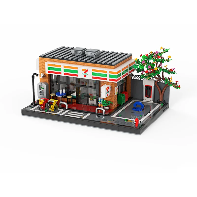 シティストリートビューモデル Moc ビルディングブロック 7-イレブンコンビニモデルテクノロジーレンガ DIY アセンブリホリデーおもちゃセットギフト
