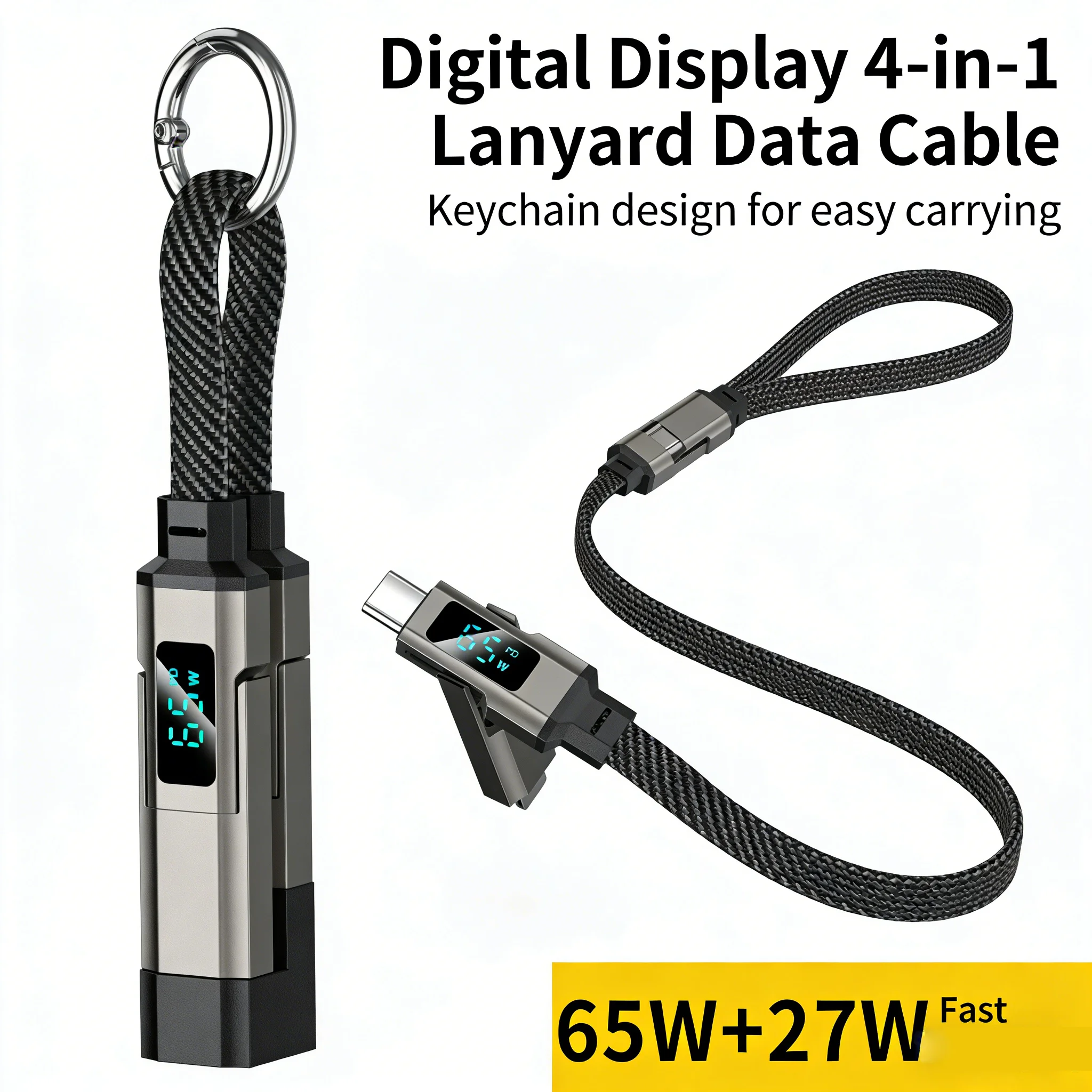 

65W 4 in 1 Digital Display Super Fast Charging Keychain Data Cable Intelligent Digital Display Short Wire For iphone17 Samsung
