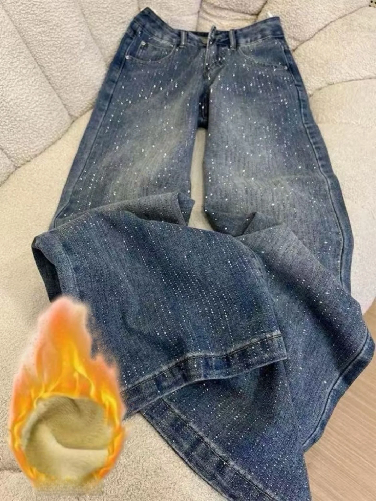 

Fleece Lined Thick Denim Jeans Women High Waist Loose Straight Leg Floor Length Glitter Rhinestone Winter Warm Wide Leg Pants