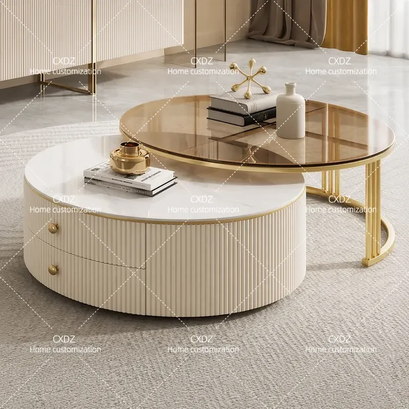 Modern Simple Stretchable Coffee Table with Drawer Light Luxury Rock Slab Size Combination for Living Room Small Apartment